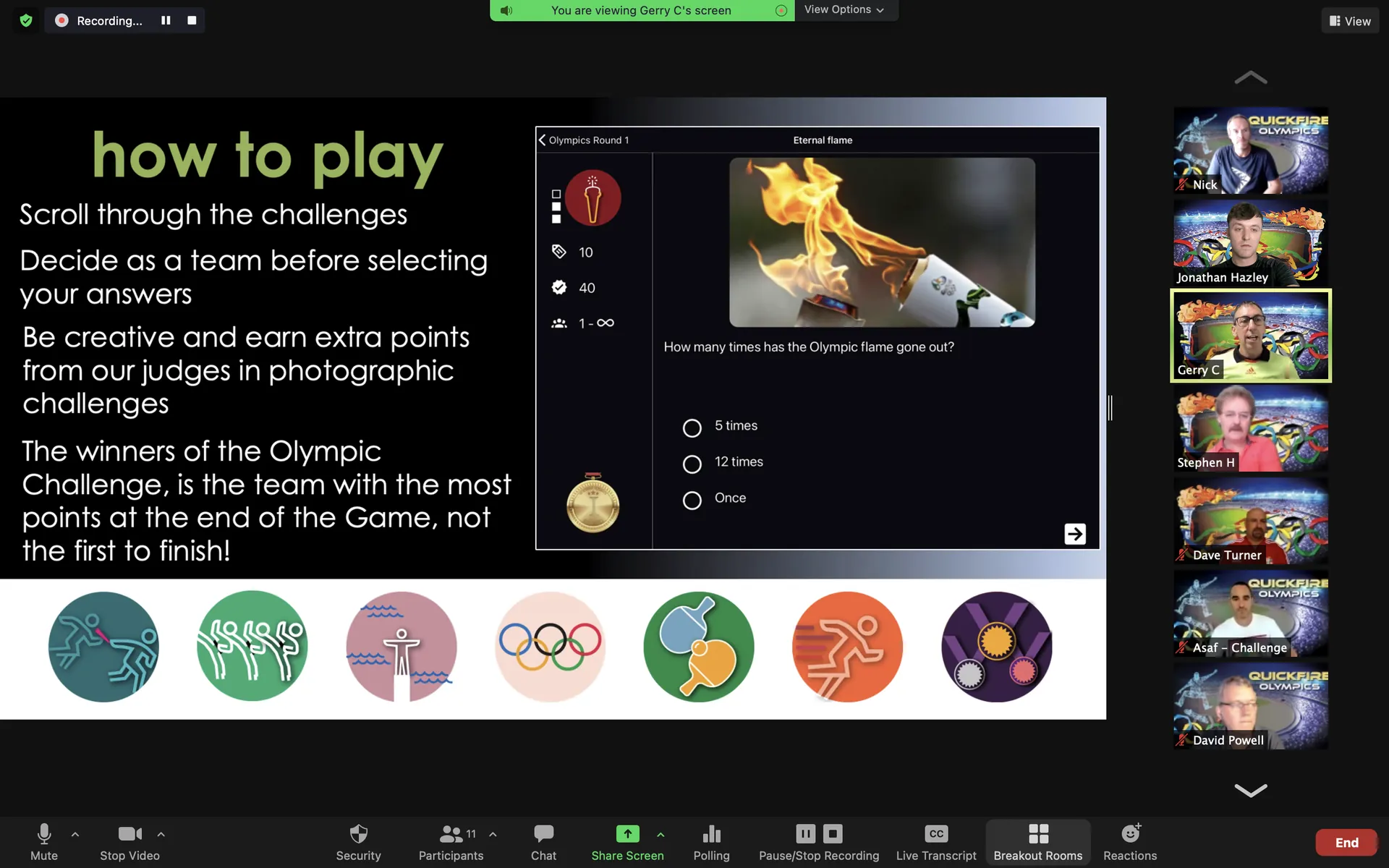 Colaboradores jugando Quickfire Olympics Online a distancia