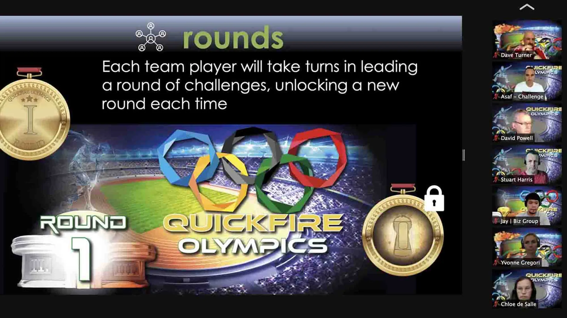 Equipo remoto durante Quickfire Olympics Online, actividad de integración en línea